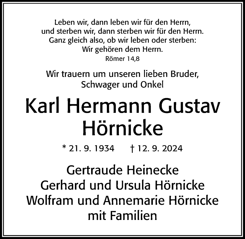  Traueranzeige für Karl Hermann Gustav Hörnicke vom 17.09.2024 aus Cellesche Zeitung