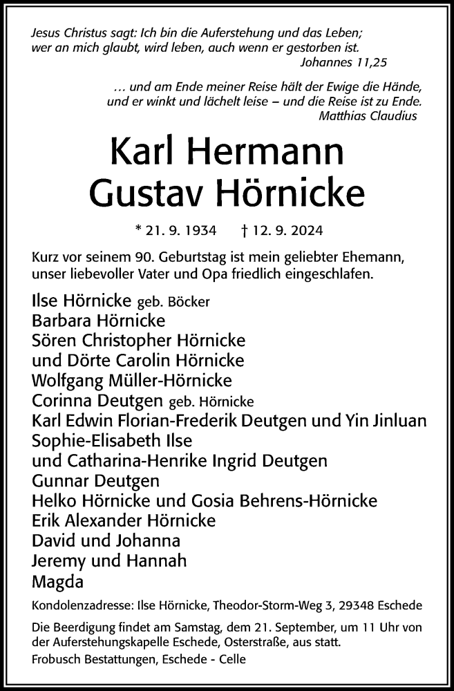  Traueranzeige für Karl Hermann Gustav Hörnicke vom 14.09.2024 aus Cellesche Zeitung