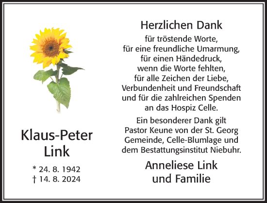 Traueranzeige von Klaus-Peter Link von Cellesche Zeitung