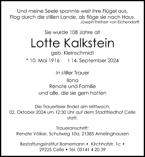 Traueranzeige von Lotte Kalkstein von Cellesche Zeitung