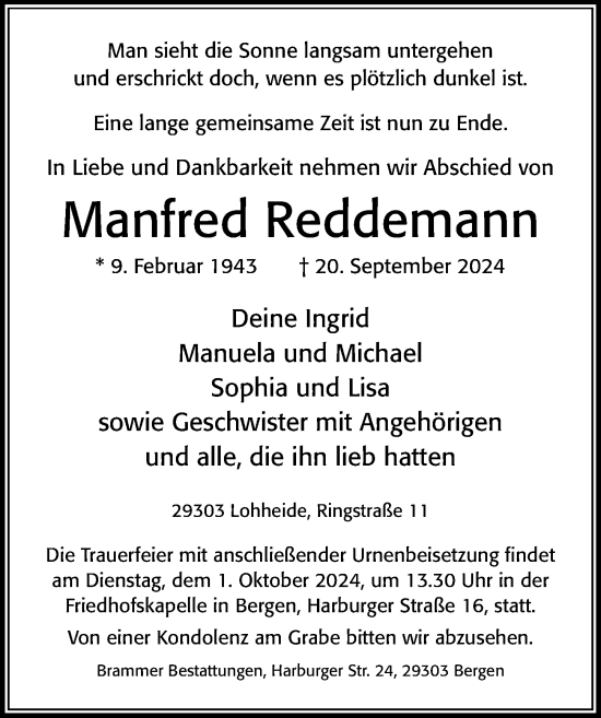 Traueranzeige von Manfred Reddemann von Cellesche Zeitung