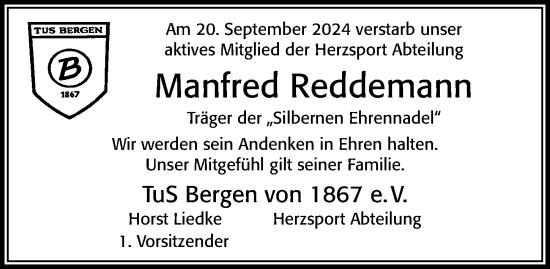 Traueranzeige von Manfred Reddemann von Cellesche Zeitung