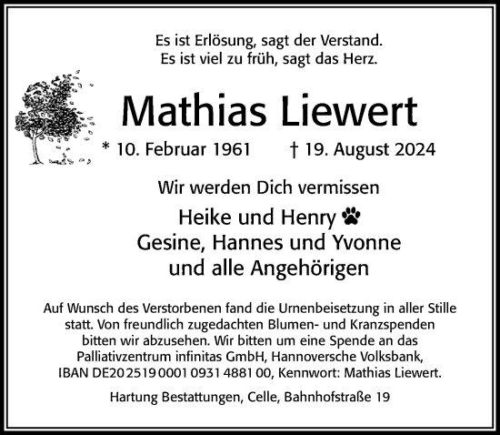 Traueranzeige von Mathias Liewert von Cellesche Zeitung