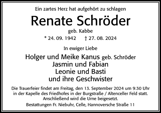 Traueranzeige von Renate Schröder von Cellesche Zeitung