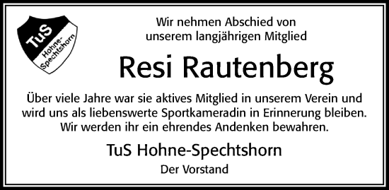 Traueranzeige von Resi Rautenberg von Cellesche Zeitung