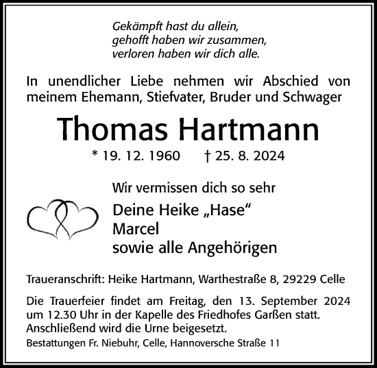 Traueranzeige von Thomas Hartmann von Cellesche Zeitung