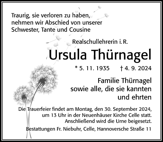 Traueranzeige von Ursula Thürnagel von Cellesche Zeitung