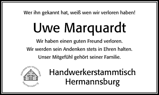 Traueranzeige von Uwe Marquardt von Cellesche Zeitung