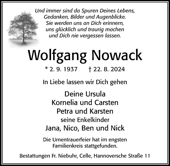 Traueranzeige von Wolfgang Nowack von Cellesche Zeitung