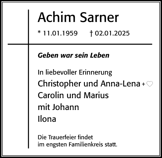Traueranzeige von Achim Sarner von Cellesche Zeitung