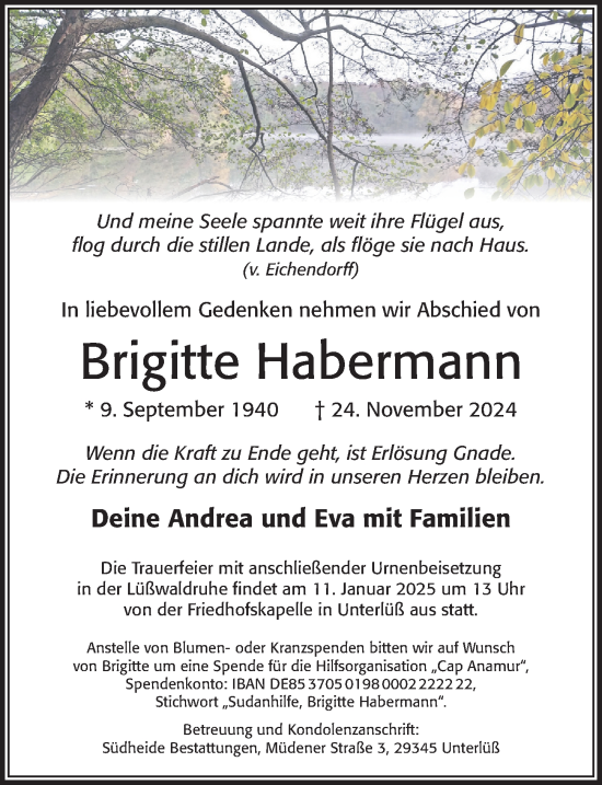 Traueranzeige von Brigitte Habermann von Cellesche Zeitung