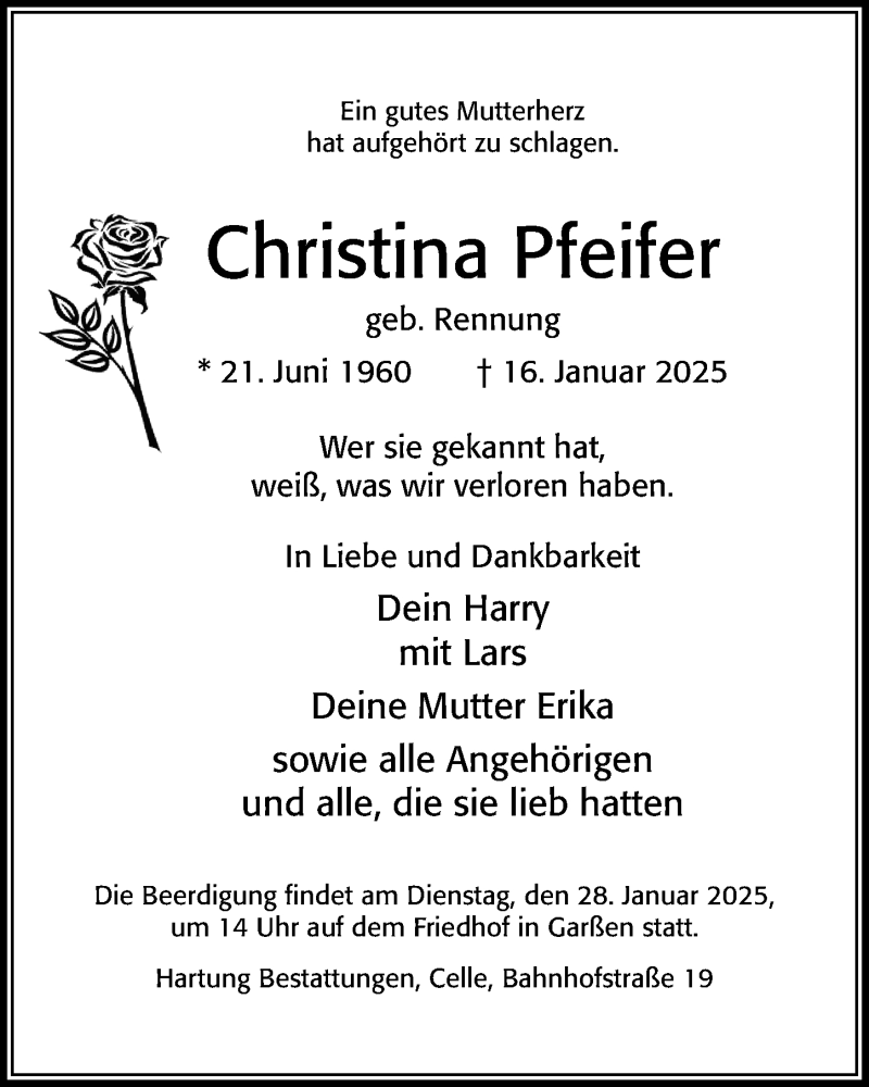  Traueranzeige für Christina Pfeifer vom 25.01.2025 aus Cellesche Zeitung