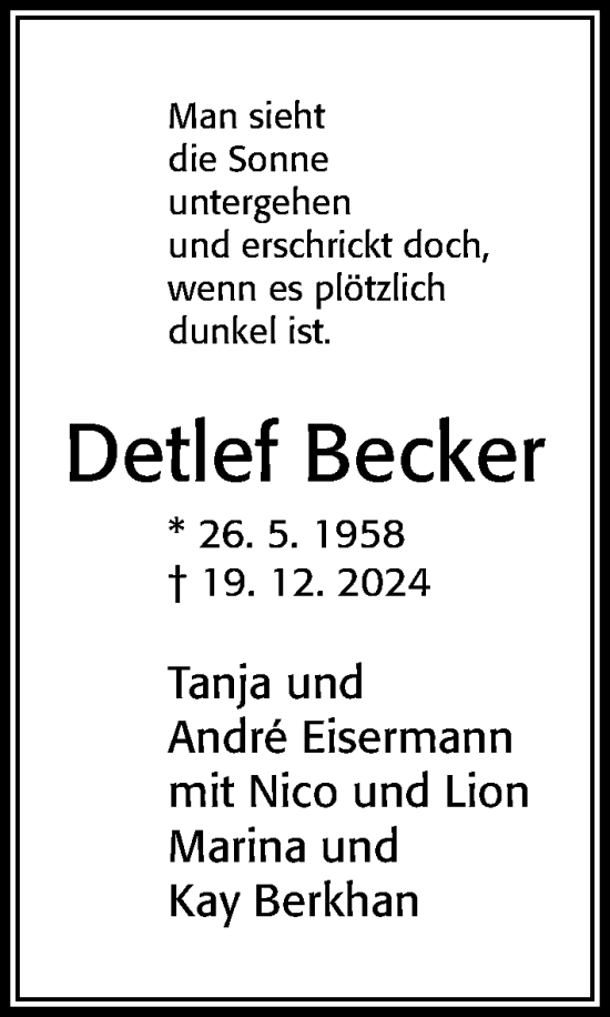 Traueranzeige von Detlef Becker von Cellesche Zeitung