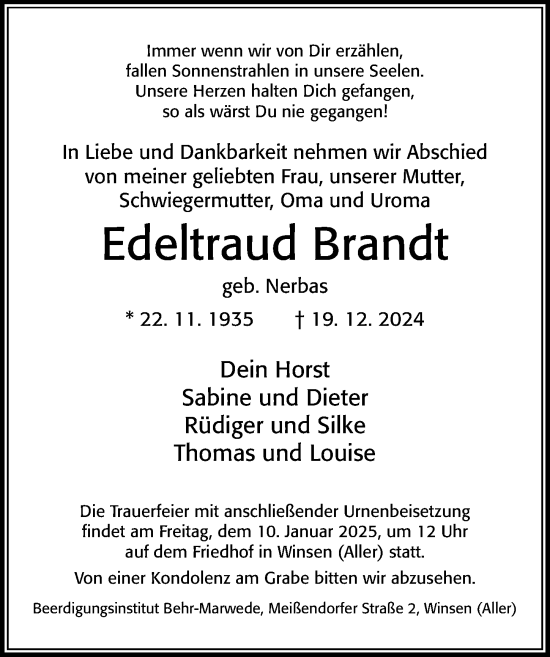Traueranzeige von Edeltraud Brandt von Cellesche Zeitung