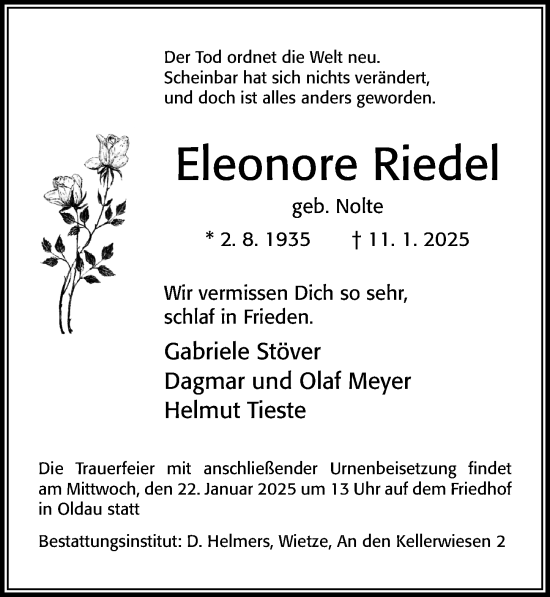 Traueranzeige von Eleonore Riedel von Cellesche Zeitung