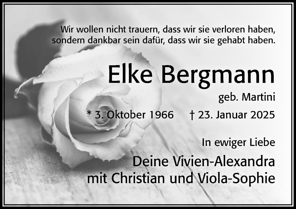  Traueranzeige für Elke Bergmann vom 31.01.2025 aus Cellesche Zeitung