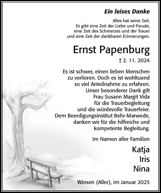 Traueranzeige von Ernst Papenburg von Cellesche Zeitung