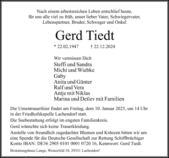 Traueranzeige von Gerd Tiedt von Cellesche Zeitung