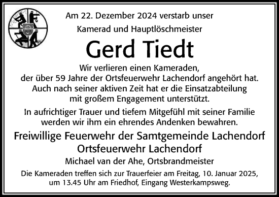 Traueranzeige von Gerd Tiedt von Cellesche Zeitung