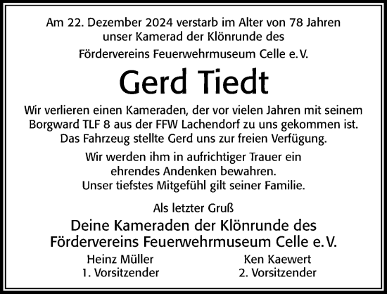 Traueranzeige von Gerd Tiedt von Cellesche Zeitung