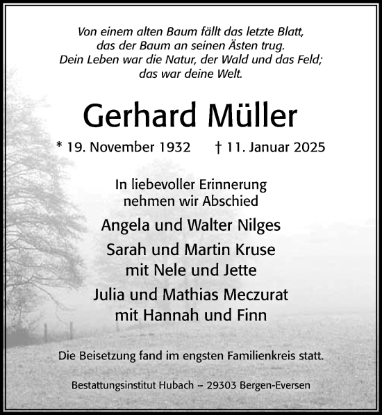 Traueranzeige von Gerhard Müller von Cellesche Zeitung