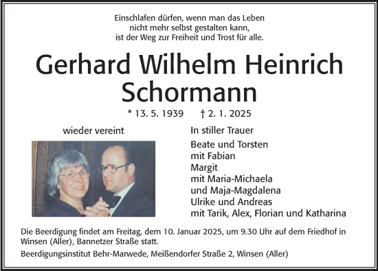 Traueranzeige von Gerhard Wilhelm Heinrich Schormann von Cellesche Zeitung