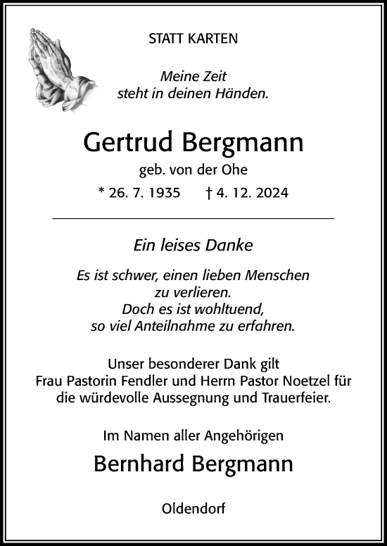 Traueranzeige von Gertrud Bergmann von Cellesche Zeitung