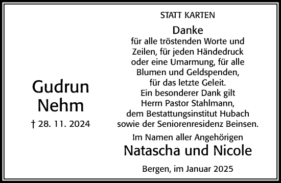 Traueranzeige von Gudrun Nehm von Cellesche Zeitung