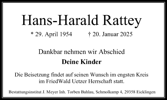 Traueranzeige von Hans-Harald Rattey von Cellesche Zeitung