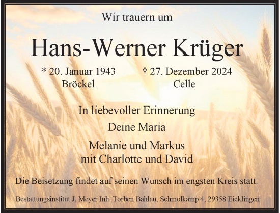 Traueranzeige von Hans-Werner Krüger von Cellesche Zeitung