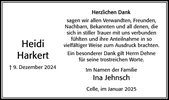 Traueranzeige von Heidi Harkert von Cellesche Zeitung