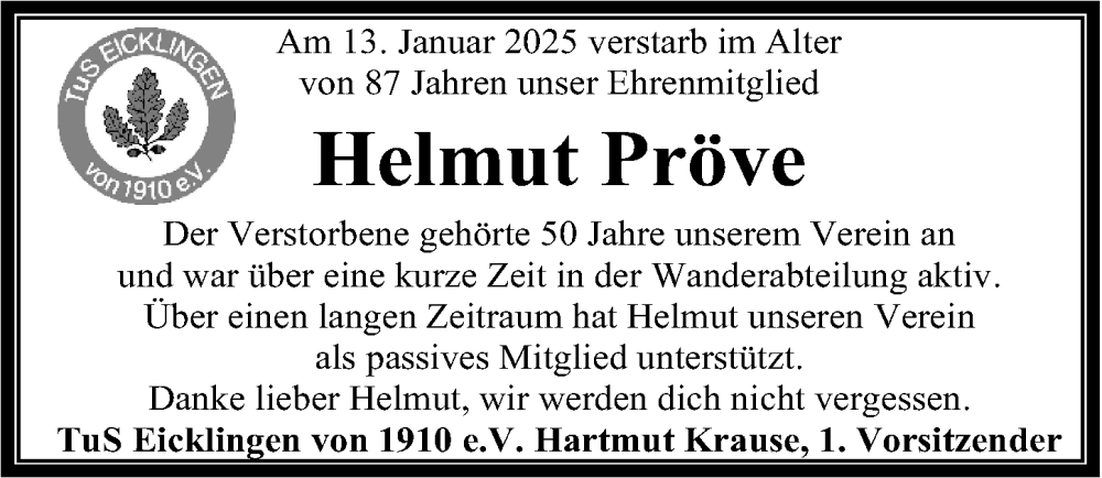  Traueranzeige für Helmut Pröve vom 18.01.2025 aus Cellesche Zeitung