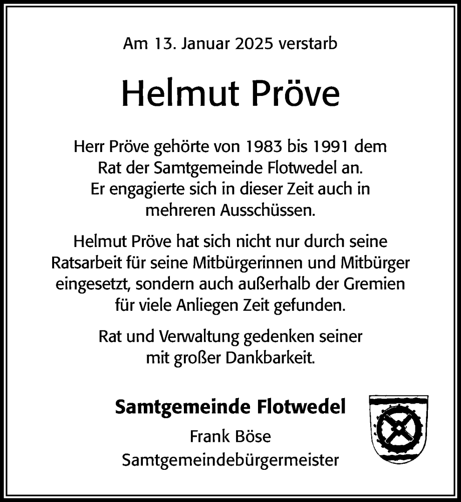  Traueranzeige für Helmut Pröve vom 18.01.2025 aus Cellesche Zeitung