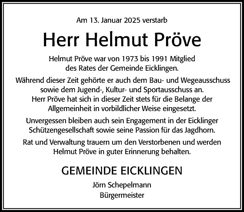  Traueranzeige für Helmut Pröve vom 18.01.2025 aus Cellesche Zeitung