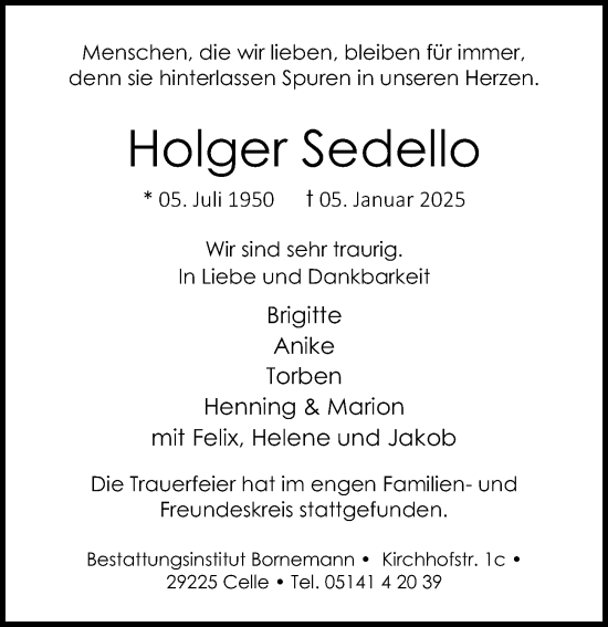 Traueranzeige von Holger Sedello von Cellesche Zeitung