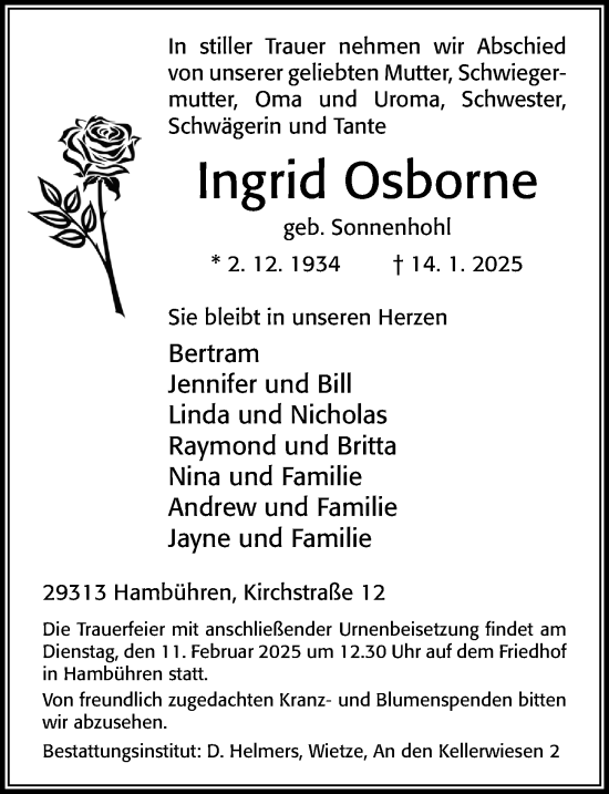 Traueranzeige von Ingrid Osborne von Cellesche Zeitung