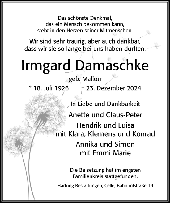 Traueranzeige von Irmgard Damaschke von Cellesche Zeitung