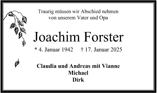 Traueranzeige von Joachim Forster von Cellesche Zeitung