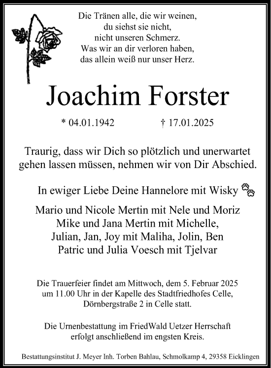 Traueranzeige von Joachim Forster von Cellesche Zeitung