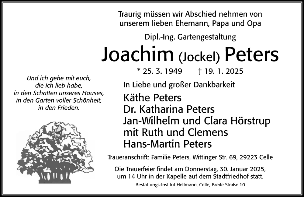  Traueranzeige für Joachim Peters vom 25.01.2025 aus Cellesche Zeitung