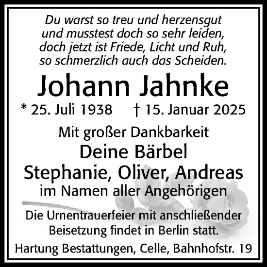 Traueranzeige von Johann Jahnke von Cellesche Zeitung