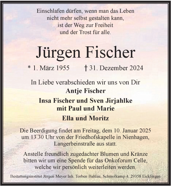 Traueranzeige von Jürgen Fischer von Cellesche Zeitung