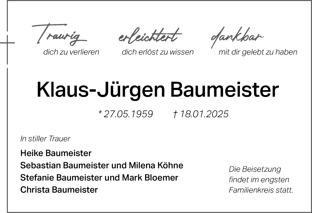  Traueranzeige für Klaus-Jürgen Baumeister vom 29.01.2025 aus Cellesche Zeitung