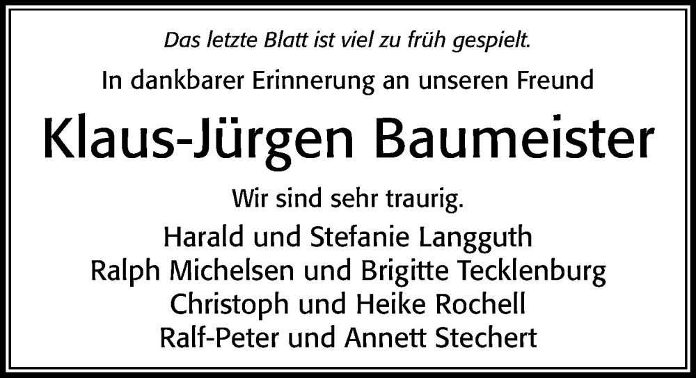  Traueranzeige für Klaus-Jürgen Baumeister vom 29.01.2025 aus Cellesche Zeitung