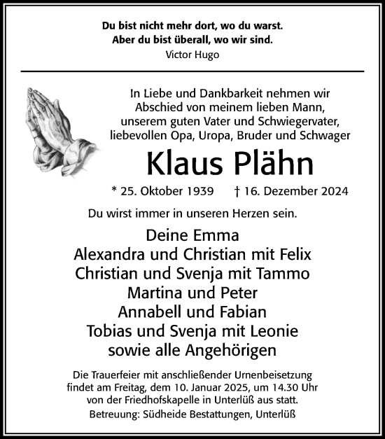 Traueranzeige von Klaus Plähn von Cellesche Zeitung