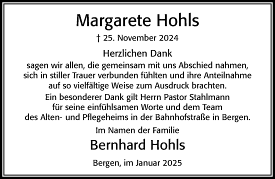 Traueranzeige von Margarete Hohls von Cellesche Zeitung