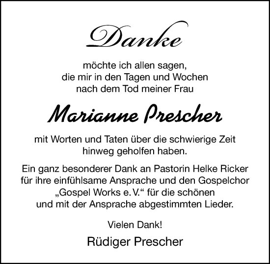 Traueranzeige von Marianne Prescher von Cellesche Zeitung