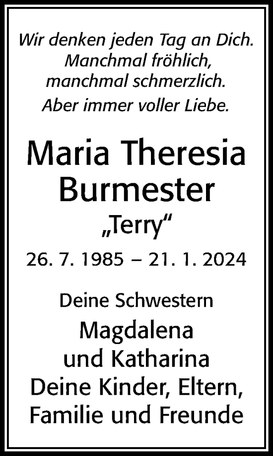 Traueranzeige von Maria Theresia Burmester von Cellesche Zeitung