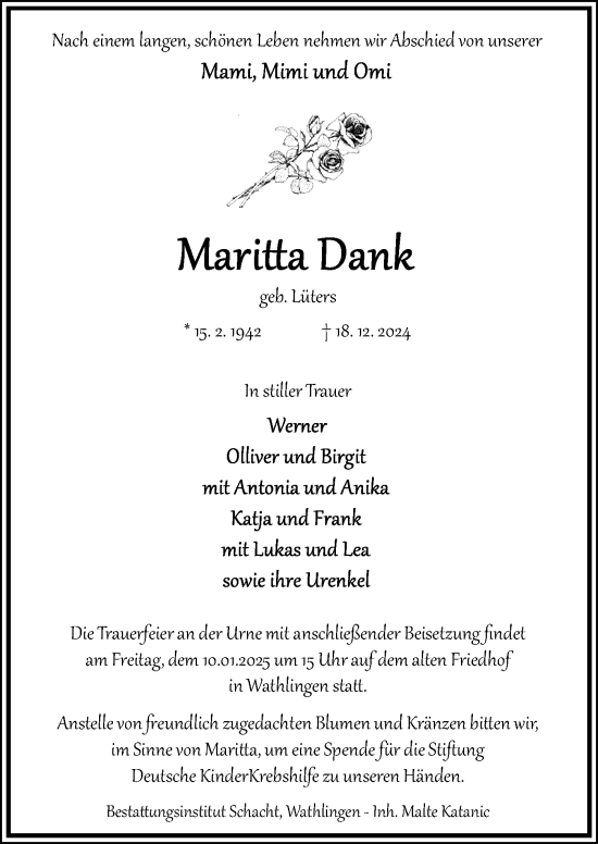 Traueranzeige von Maritta Dank von Cellesche Zeitung