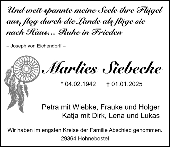 Traueranzeige von Marlies Siebecke von Cellesche Zeitung